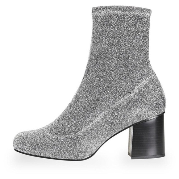 Topshop Shoes - Topshop silver sparkly sock bootie w chunky heel